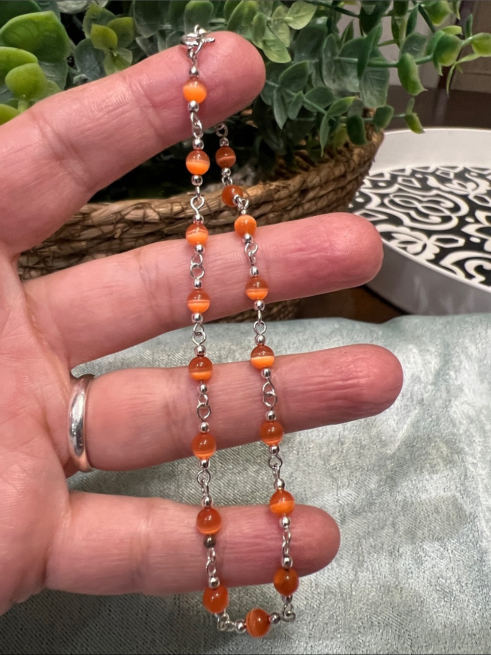 Sterling Silver Orange Beaded Link bracelet